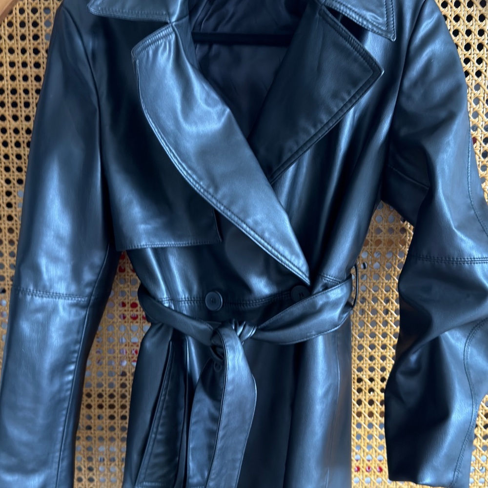 Women's Black Faux Leather Mid length Trench Coat